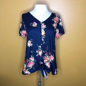 Coco's Clozet Shirt Navy Polka Dot Floral V-Neck New M